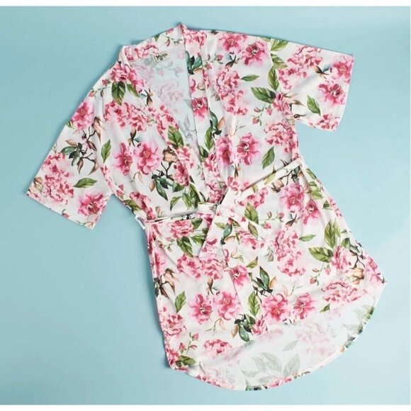 Show Me Your Mumu Sz OS Pink White Floral Print Belted Short Kimono Robe Womens - Picture 1 of 16
